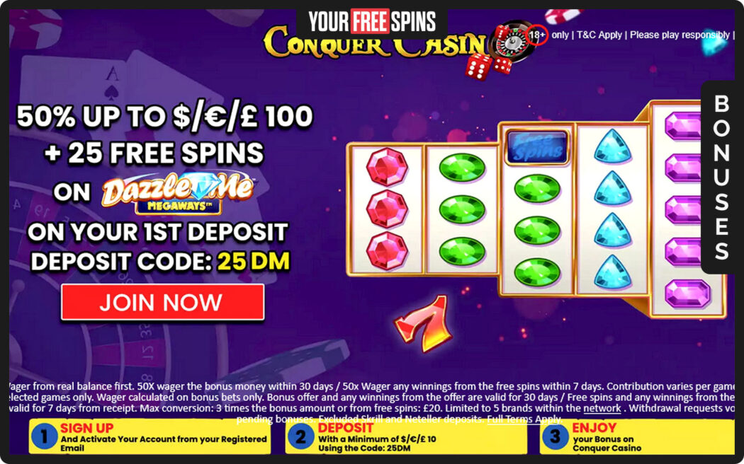 Conquer Casino , bonus screen displaying details of the first deposit bonus and wagering rules