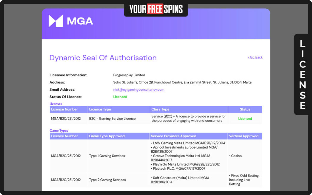 Conquer Casino , license information page providing contact details for the licensing authority