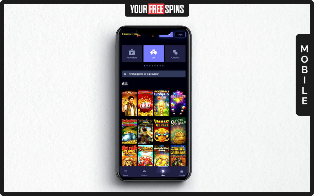 Conquer Casino , mobile view showing combined access to sportsbook casino and account settings