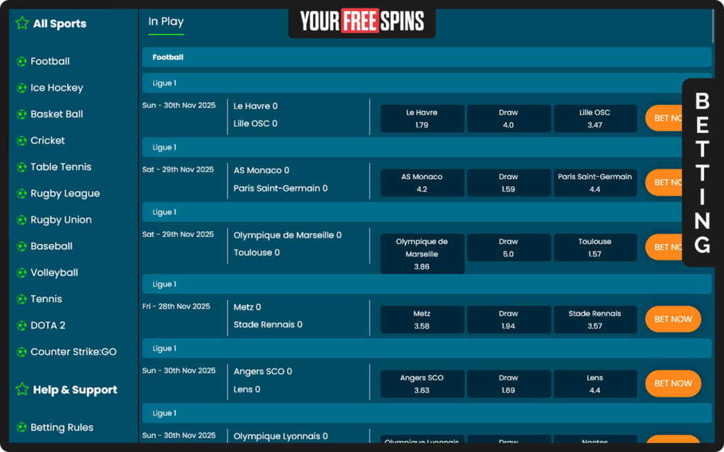 Fruity King , betting area showing clear separation between live betting and pre match betting categories
