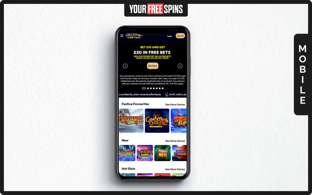 Jackpot Mobile Casino , mobile homepage combining banners for promotions with direct links to key sections