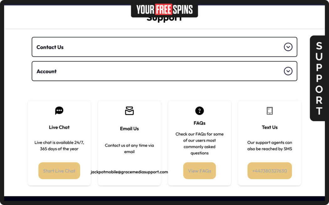 Jackpot Mobile Casino , support page explaining typical resolution times for common support questions