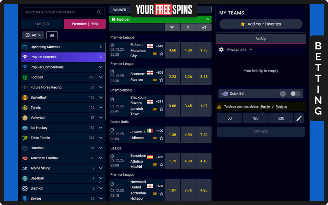 Monster Casino , betting overview combining pre match fixtures and live betting events in a single list