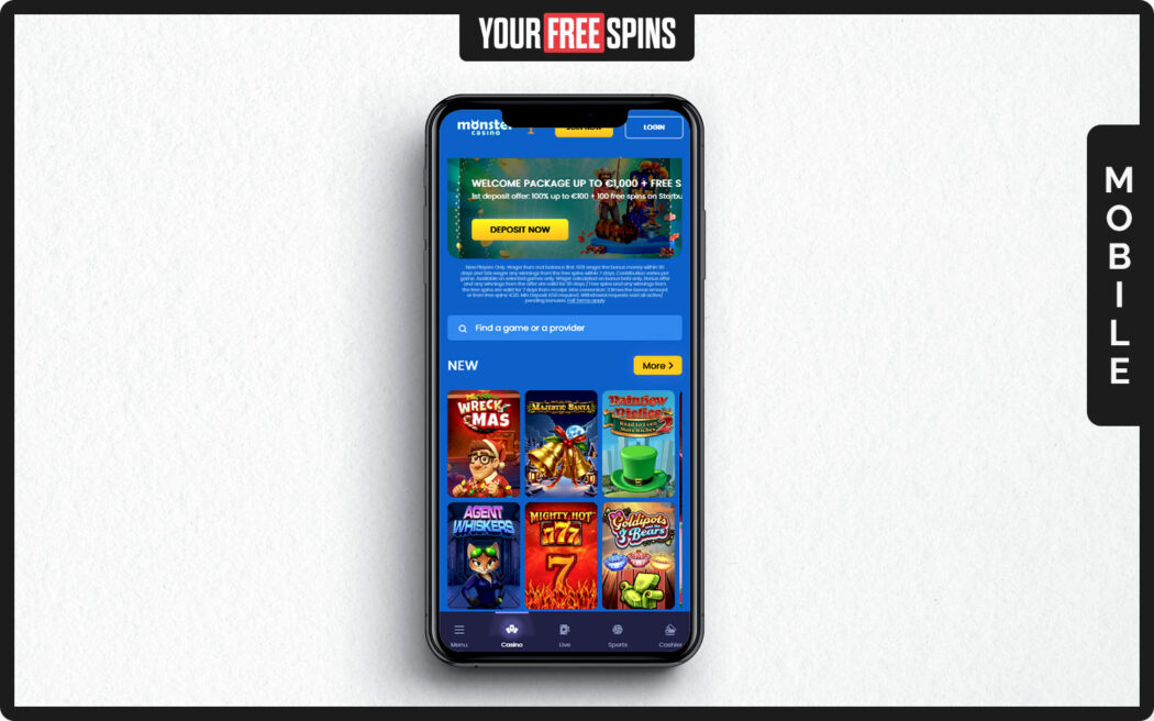 Monster Casino , mobile layout with bottom navigation icons for home bets and profile sections