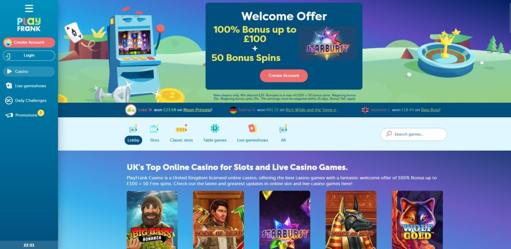 playfrank casino home main page review