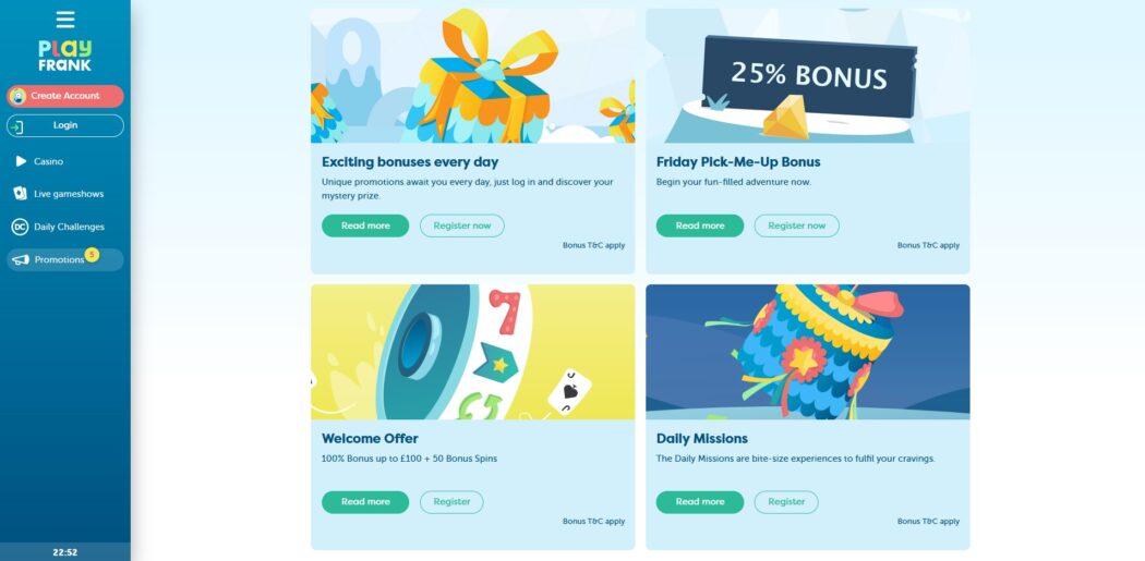 playfrank casino bonus and promotions