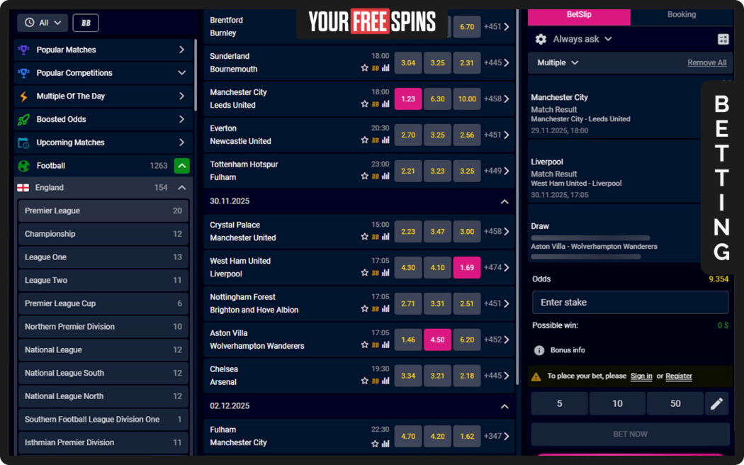Vbet , betting center with filters for sports competitions and betting types in the sidebar