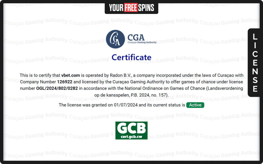 Vbet , license screen listing key terms and conditions imposed by the gaming license